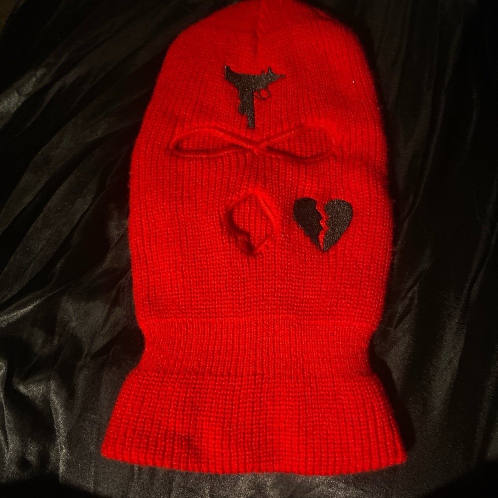 Red Knit Balaclava with Heart and Gun Design